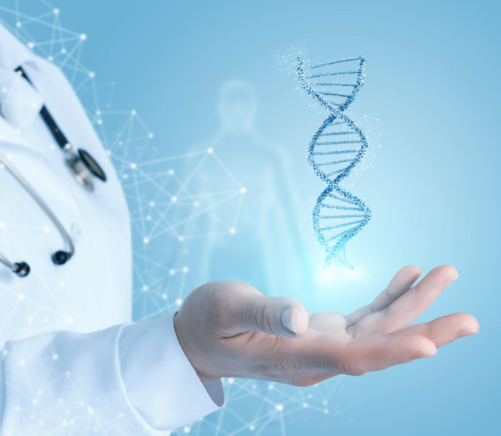 doctor holding DNA, representing the role of Genetics and epigenetics for health outcomes, valuing personalised medicine approach.