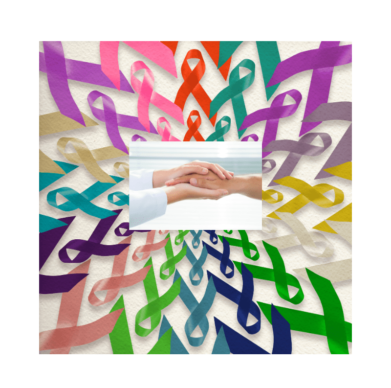 different coloured ribbons to represent different cancer with a supportive hand at the center.