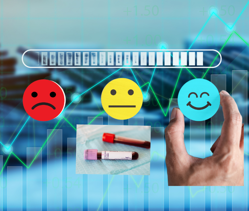 blood test on a background of graphs representing results and sad to happy facial expressions.