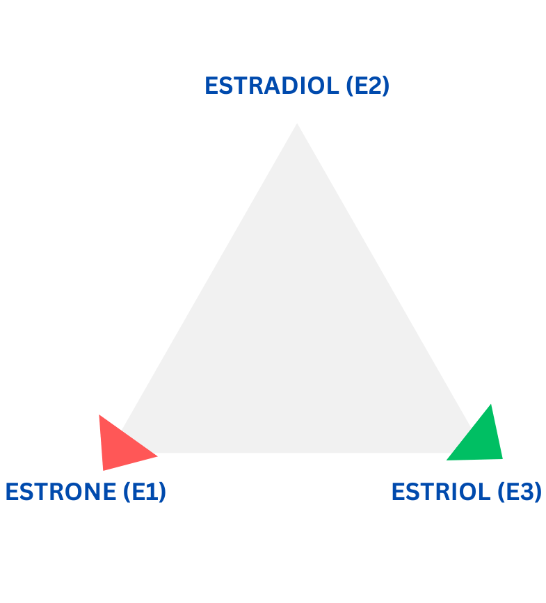Triangle with estradiol at the top, red arrow pointing towards estrone and green arrow towards estriol.